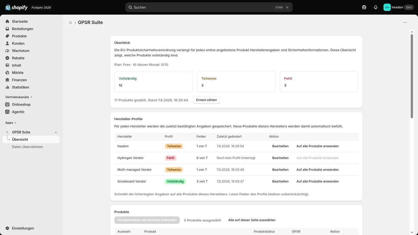 GPSR Suite dashboard with completeness status and manufacturer profiles